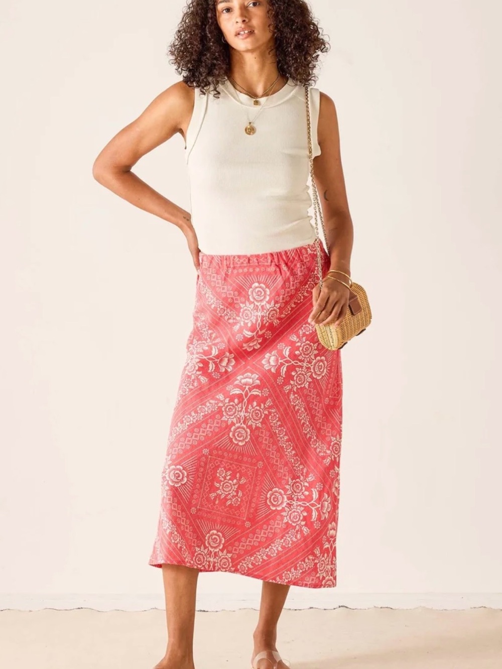 Floral Bandana Midi Skirt in Coral Pink